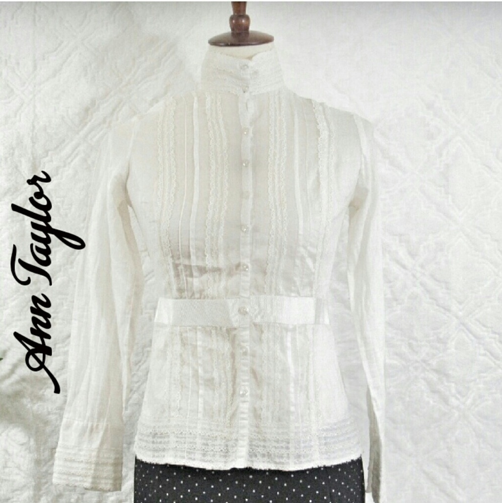 LOFT High Neck Lace Pleated Button Down